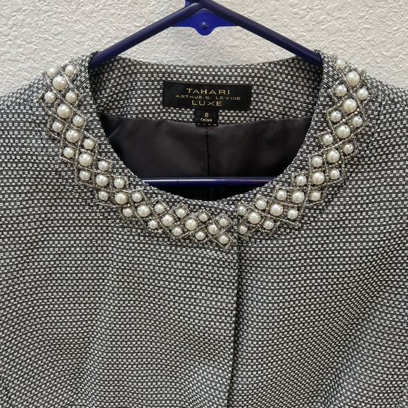 Tahari by ASL Luxe Beaded Blazer Jacket and Skirt Woven Metallic Gray White sz 8 - Picture 2 of 13